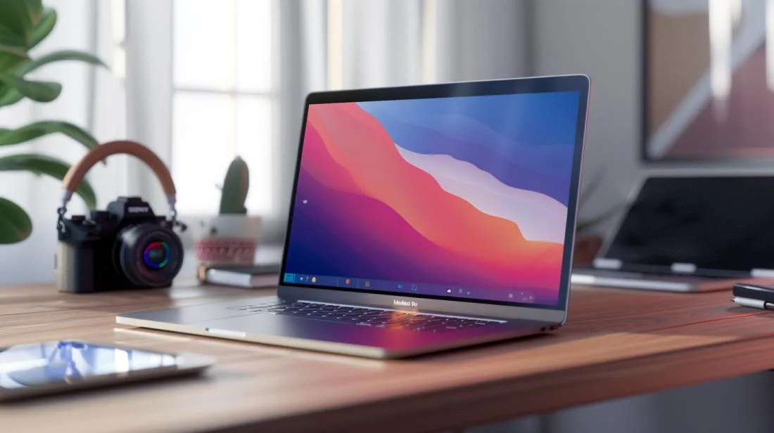 Fotografia hiper-realista de um MacBook Pro i7 2023 em uma mesa de madeira minimalista.