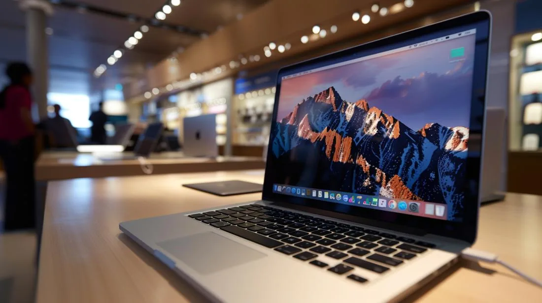 Fotografia hiper-realista de um MacBook Pro em destaque numa loja elegante e bem iluminada.