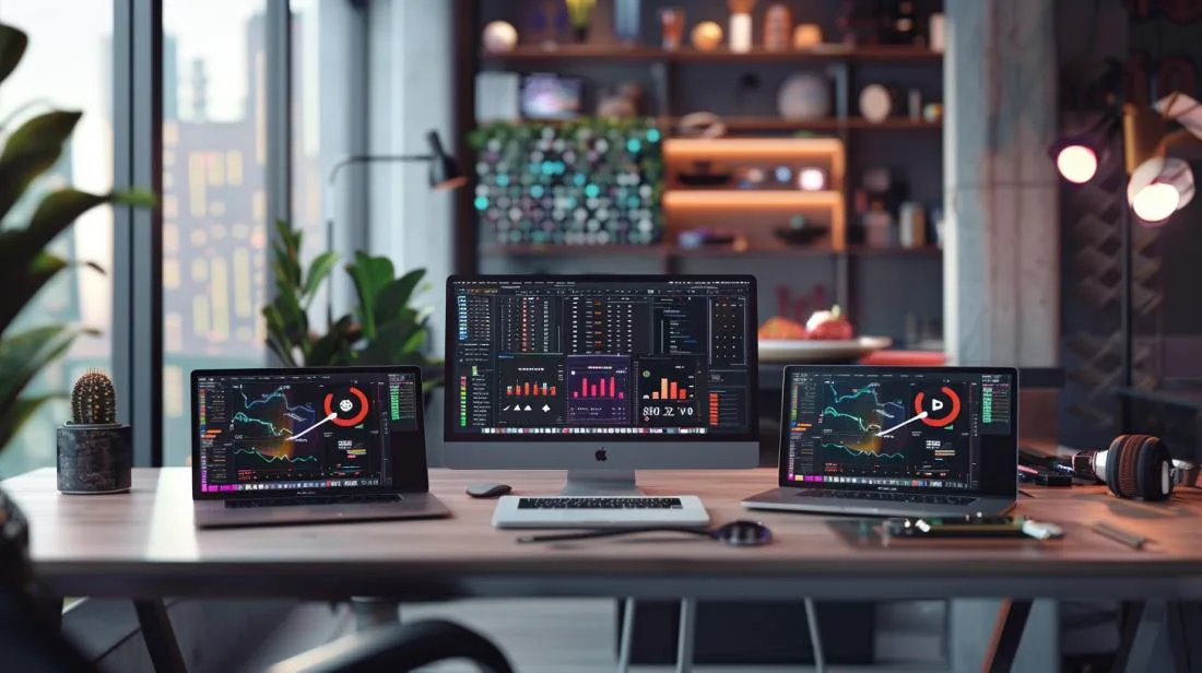 Três MacBooks em alta resolução com software de benchmarking em um escritório moderno e tecnológico.