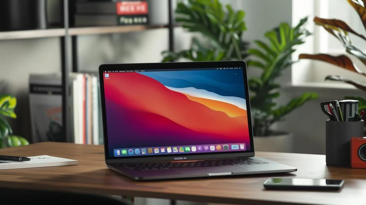 Fotografia hiperralista de um MacBook Pro 2023 em um escritório moderno e minimalista.