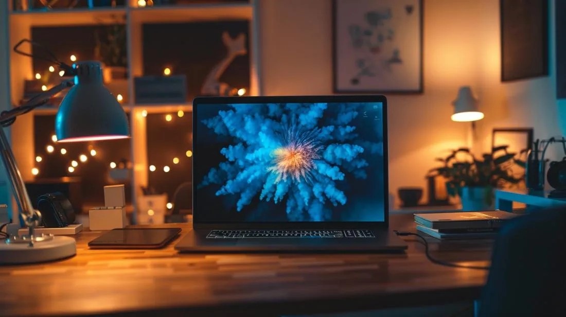 Fotografia hiper-realista de uma tela de MacBook Pro piscando descontroladamente em um escritório moderno.