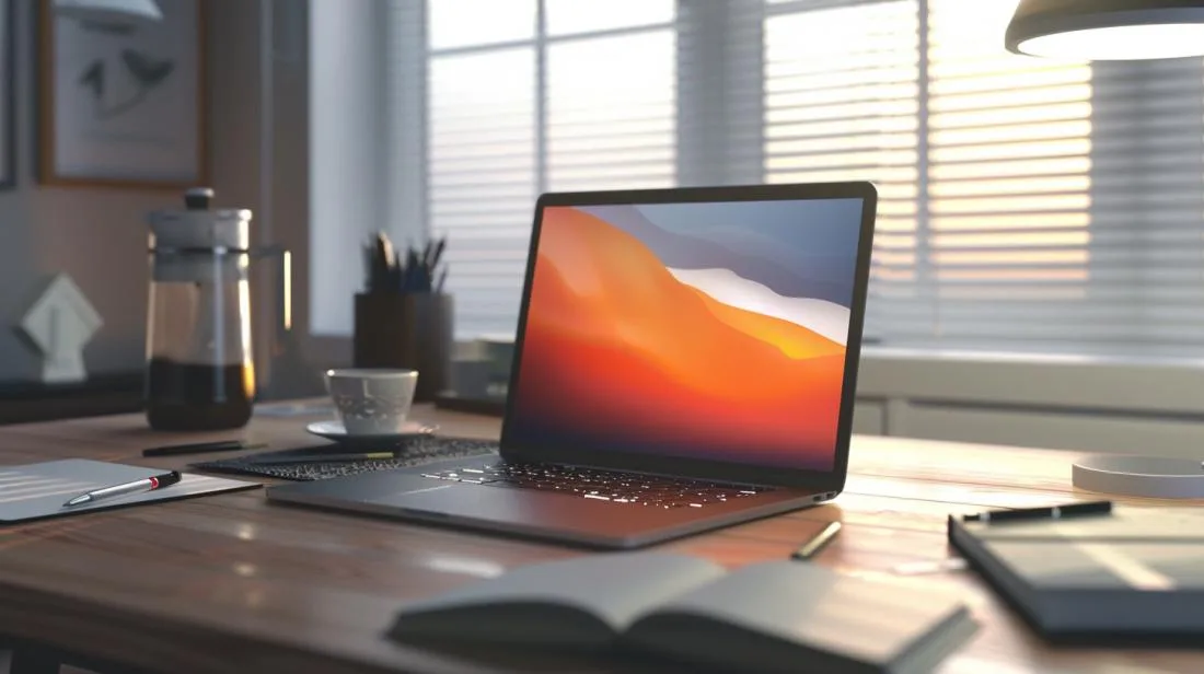 Um MacBook Pro sobre uma mesa de madeira, com tela ligando inesperadamente.
