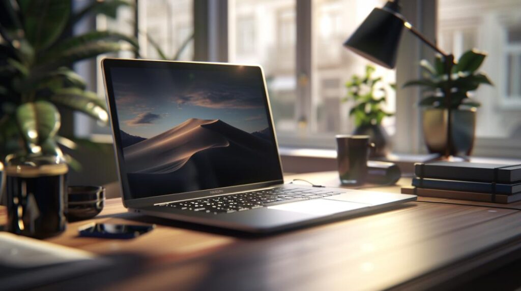 Fotografia ultra-realista de um MacBook Pro em uma mesa minimalista iluminada pelo sol.