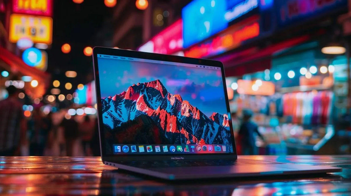 Foto hiper-realista de MacBook novo em mercado de eletrônicos movimentado com sinalizações LED.