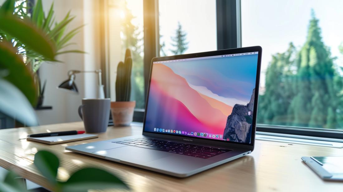 Fotografia hiper-realista de um MacBook Pro em uma mesa de madeira polida, iluminada por luz natural.
