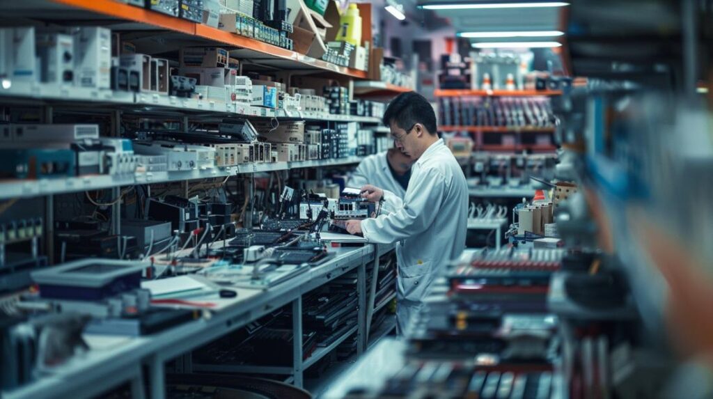 MacBook peças: Onde encontrar as melhores opções? 2 Foto hiper-realista de uma oficina especializada em peças de MacBook, com técnico ao fundo.