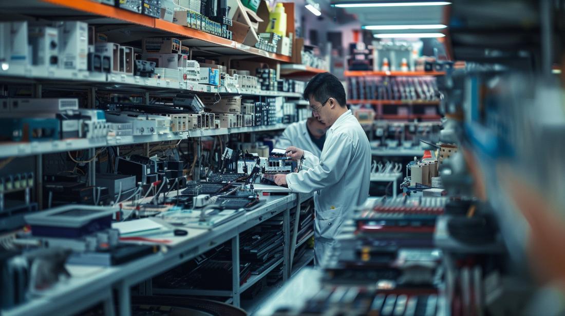 Foto hiper-realista de uma oficina especializada em peças de MacBook, com técnico ao fundo.