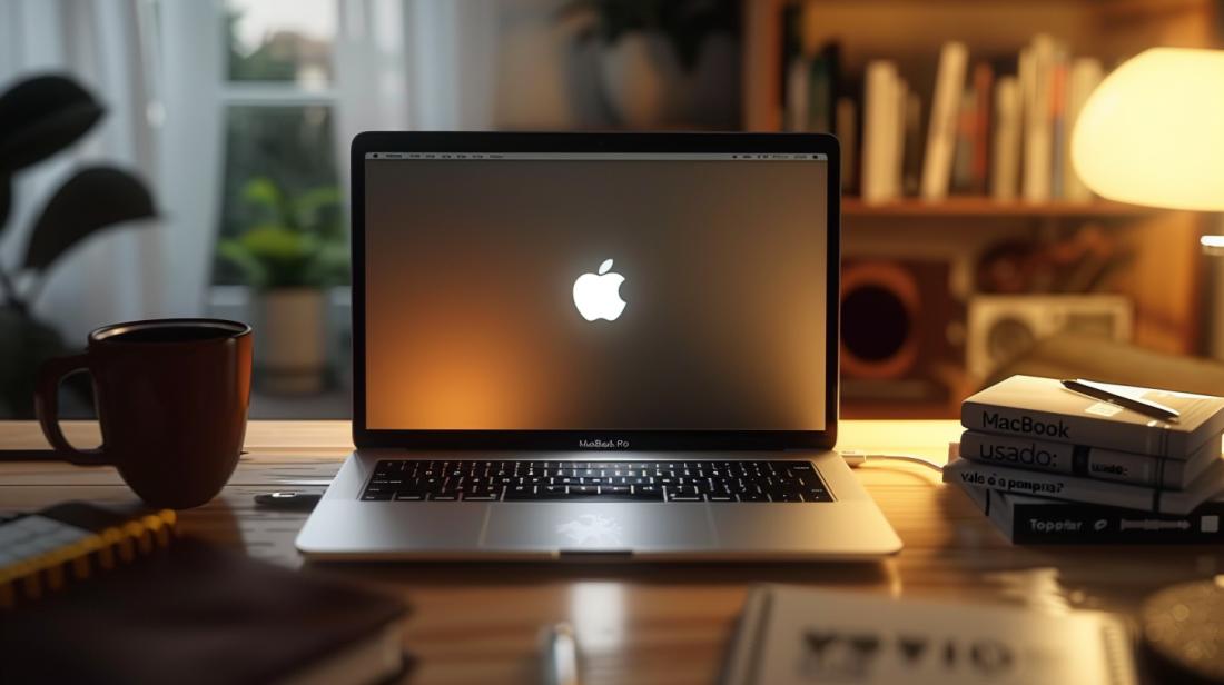 Fotografia hiper-realista de um MacBook Pro usado em ótimo estado em um escritório aconchegante.