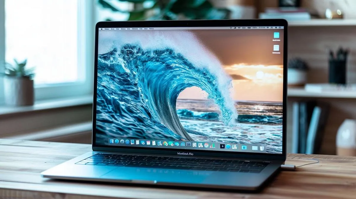 MacBook Pro elegante com papel de parede de onda oceânica ao entardecer em mesa minimalista.