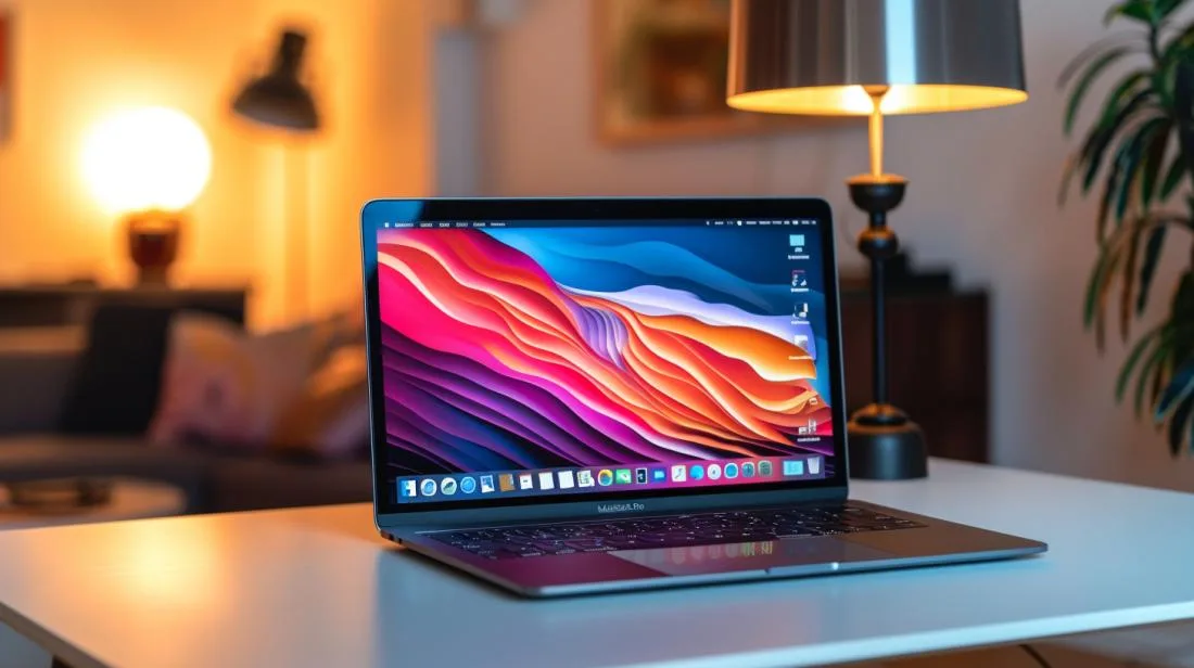 MacBook Pro exibindo papéis de parede 4K vibrantes em um ambiente minimalista bem iluminado.