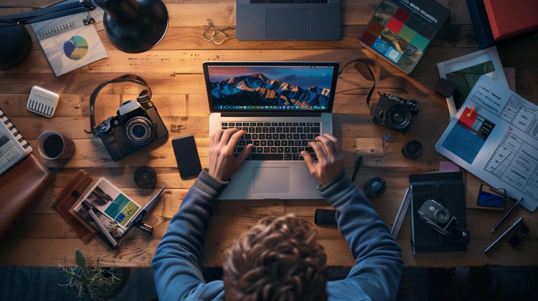 Uma pessoa analisa o desempenho de um MacBook Mini em um escritório moderno e minimalista.