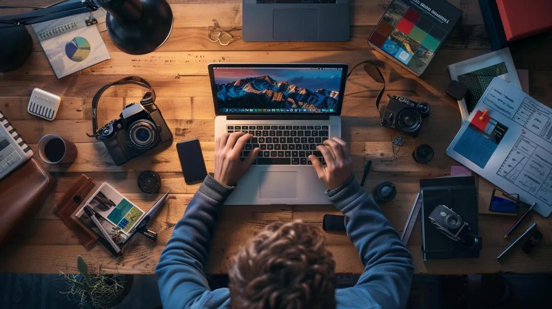 Uma pessoa analisa o desempenho de um MacBook Mini em um escritório moderno e minimalista.