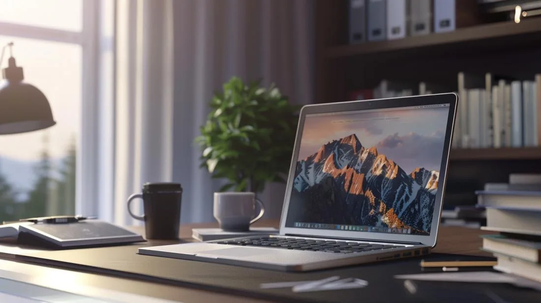 Foto hiper-realista de um workspace moderno com um MacBook Pro e documentos PDF abertos.