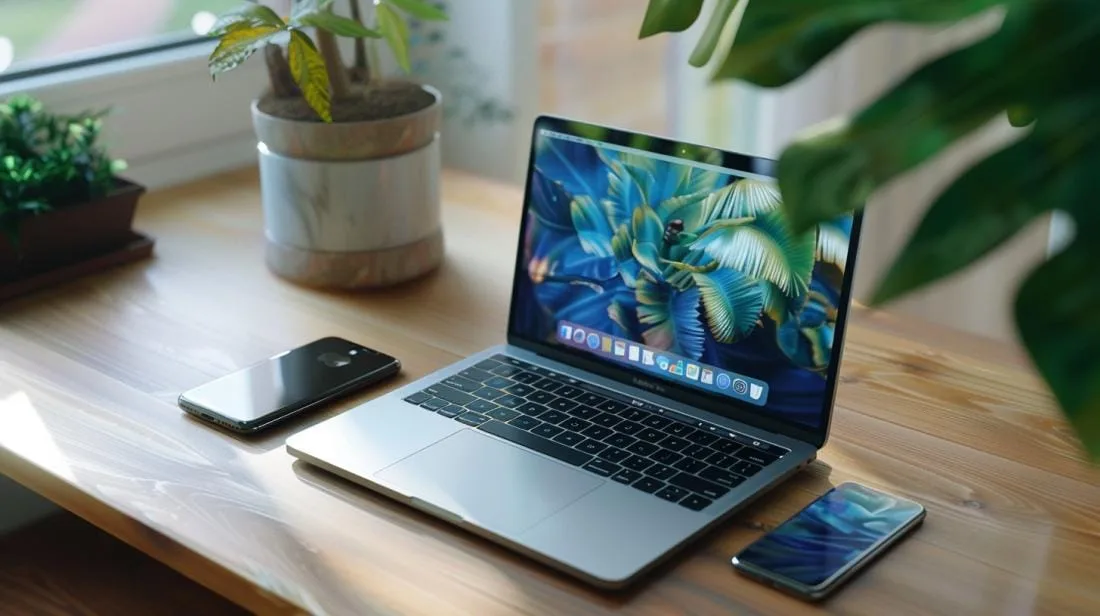 Foto hiper-realista de MacBook e iPhone em uma mesa minimalista, iluminados por luz natural.