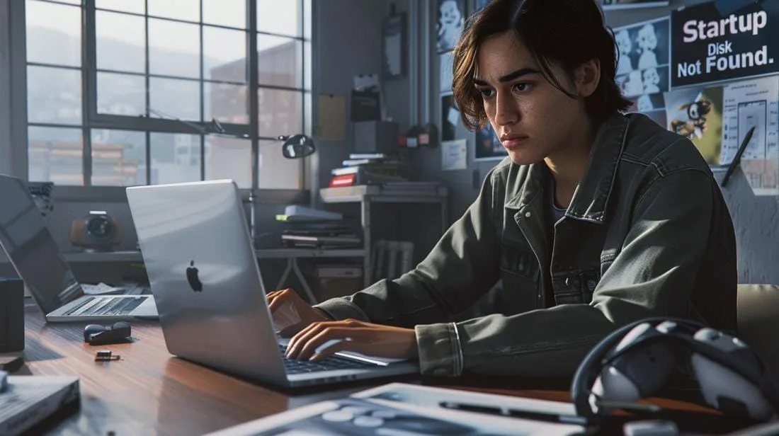 Alt text: Pessoa frustrada em ambiente moderno tentando resolver erro no MacBook Pro iluminado por luz natural.