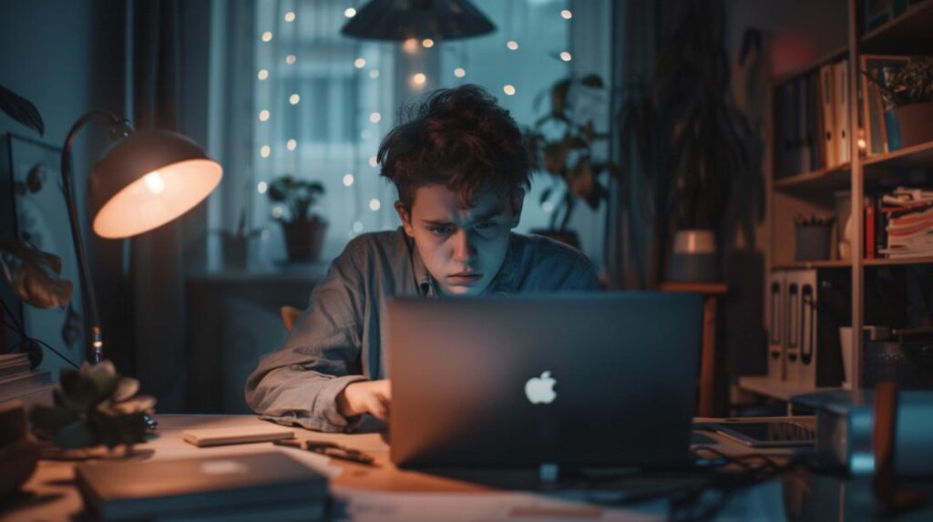 Macbook nao liga? Veja o que fazer! 2 Homem preocupado tentando resolver problema em um MacBook em escritório moderno e aconchegante.