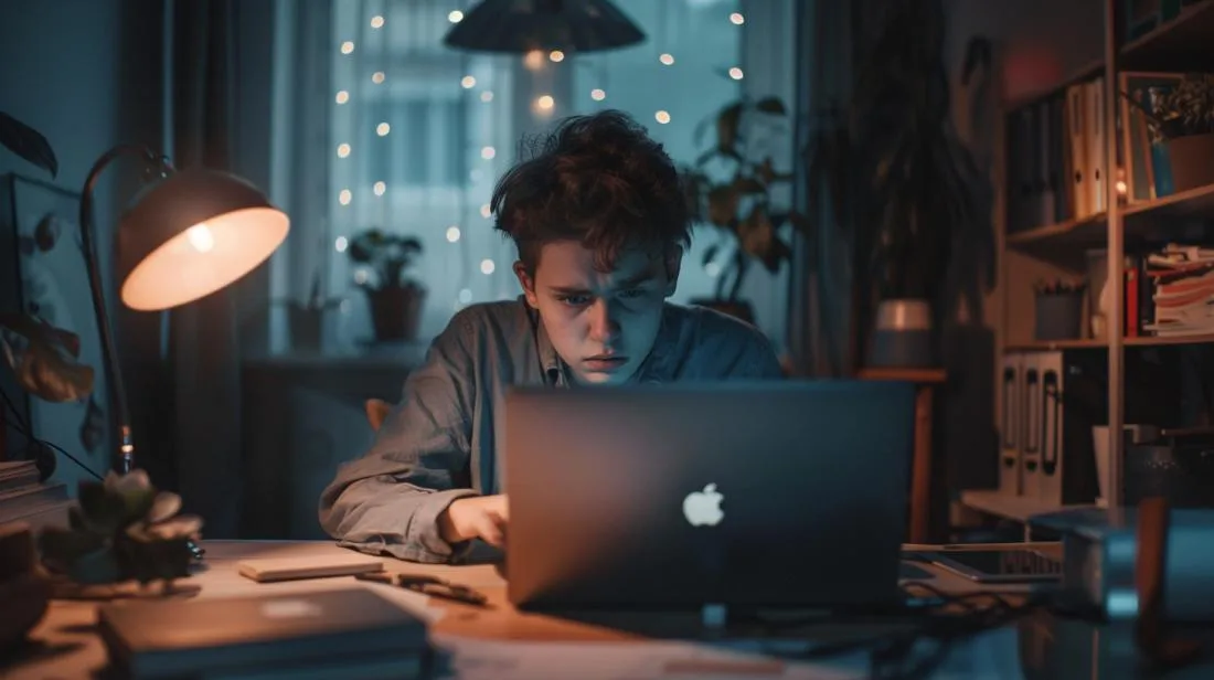Homem preocupado tentando resolver problema em um MacBook em escritório moderno e aconchegante.
