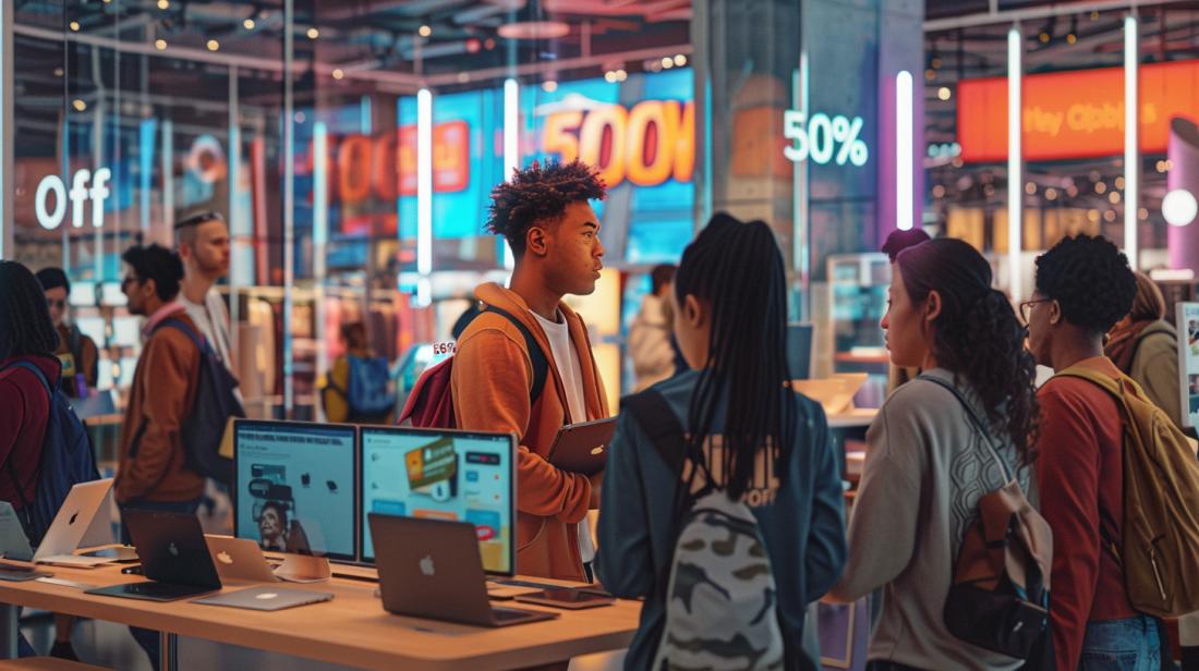Fotografia hiper-realista de uma loja de tecnologia vibrante em promoção de Macbooks com 50% de desconto.