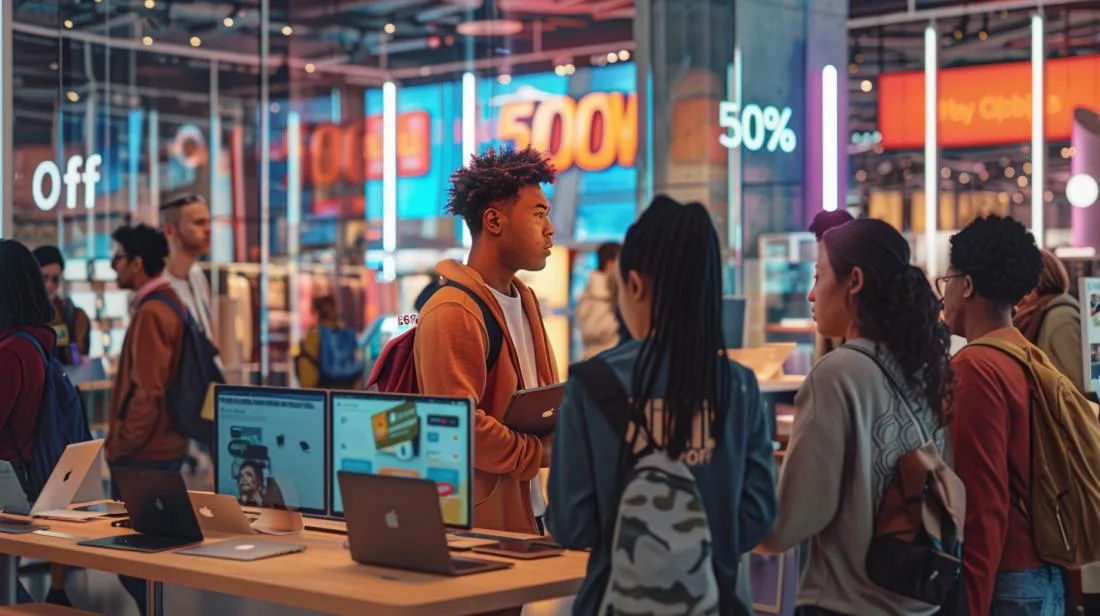 Fotografia hiper-realista de uma loja de tecnologia vibrante em promoção de Macbooks com 50% de desconto.