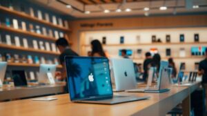 Macbook promoções: onde achar as melhores ofertas? 3 Fotografia hiperralista de um MacBook em promoção numa loja vibrante e movimentada de eletrônicos.