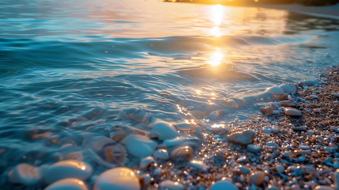 Foto hiper-realista de praia ao pôr-do-sol com água cristalina, conchas e palmeiras ao fundo.