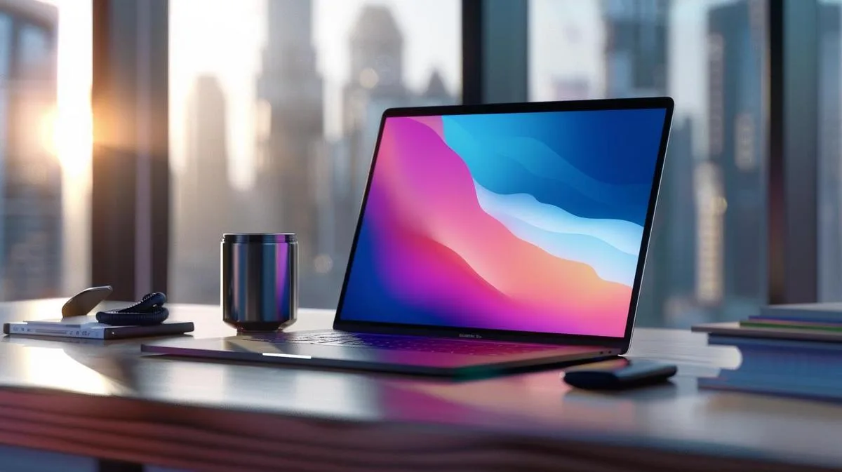Fotografia hiper-realista de um MacBook moderno e elegante em uma mesa sofisticada, destacando-se.