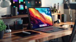 Melhores acessórios para iPad: quais são essenciais? 3 Acessórios essenciais para iPad em um espaço de trabalho moderno, capturados em fotografia hiper-realista.