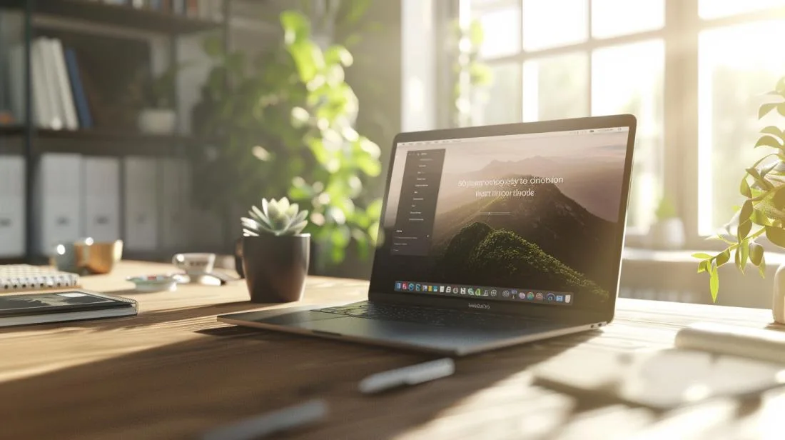 Fotografia hiper-realista de um MacBook Pro em uma mesa minimalista, com instalação do Microsoft Word na tela.