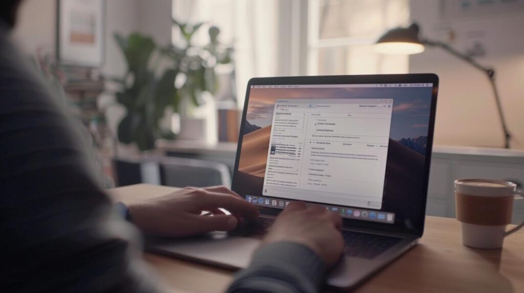 Modo recovery do MacBook: Como usar em emergências? 2 Fotografia hiper-realista de MacBook em modo de recuperação em um espaço de trabalho moderno.