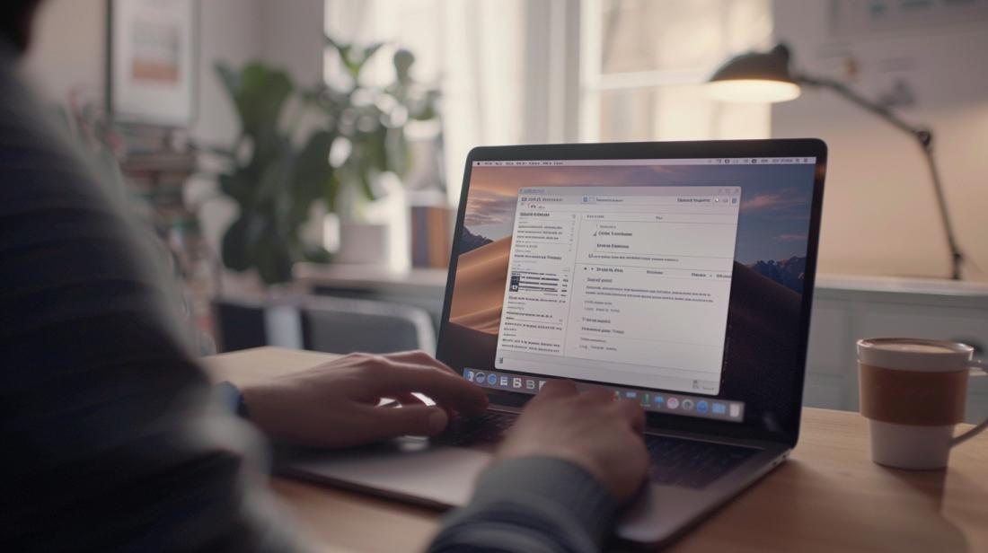 Fotografia hiper-realista de MacBook em modo de recuperação em um espaço de trabalho moderno.
