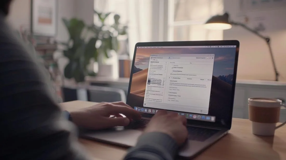 Fotografia hiper-realista de MacBook em modo de recuperação em um espaço de trabalho moderno.