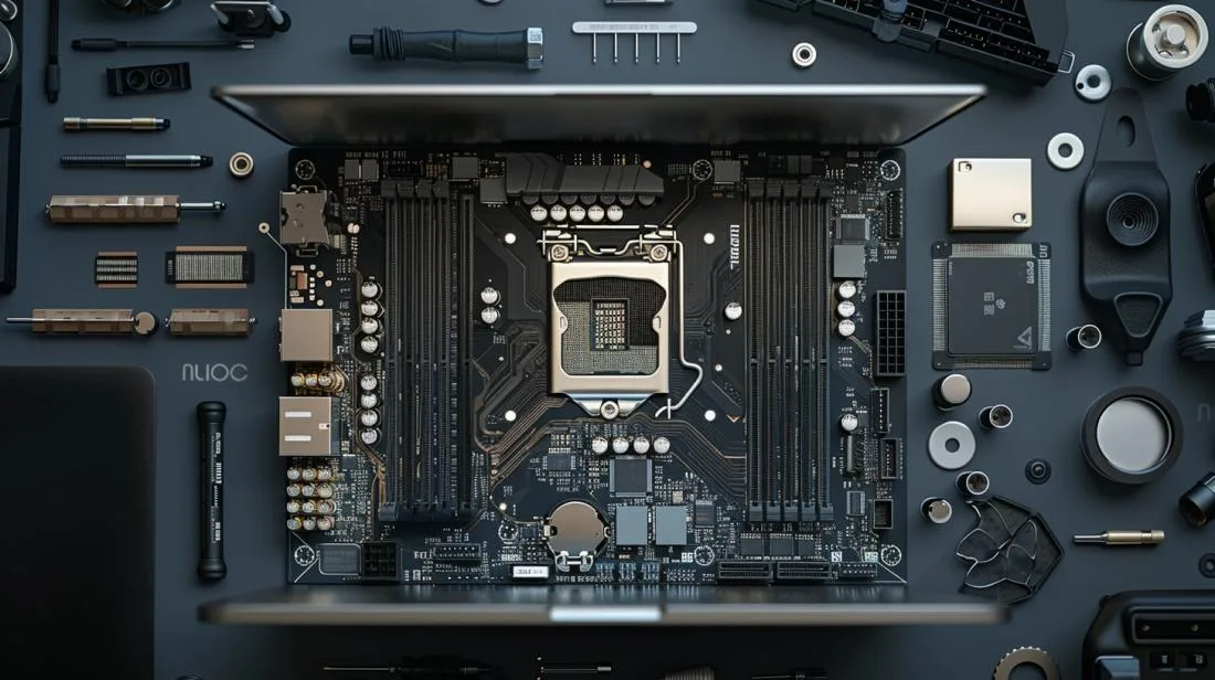 Fotografia hiper-realista de placa-mãe MacBook Air 2015 desmontada em workspace técnico bem iluminado.