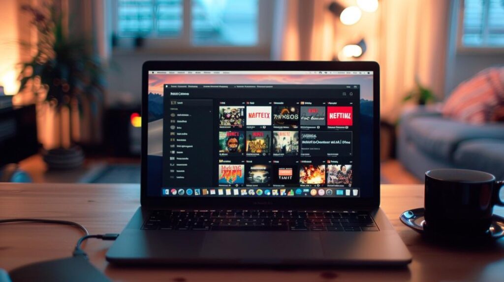 Netflix App MacBook: Como Baixar e Instalar? 2 Fotografia hiper-realista de um MacBook Pro com página inicial da Netflix em um escritório aconchegante.