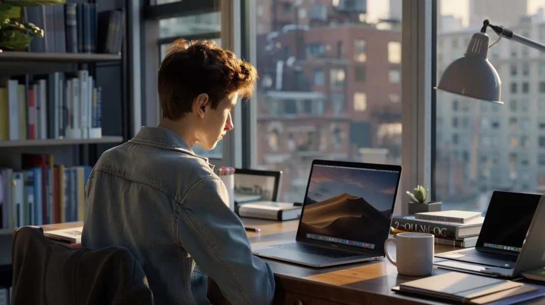 Estudante focado, comparando um notebook e um MacBook em um espaço de estudo moderno.