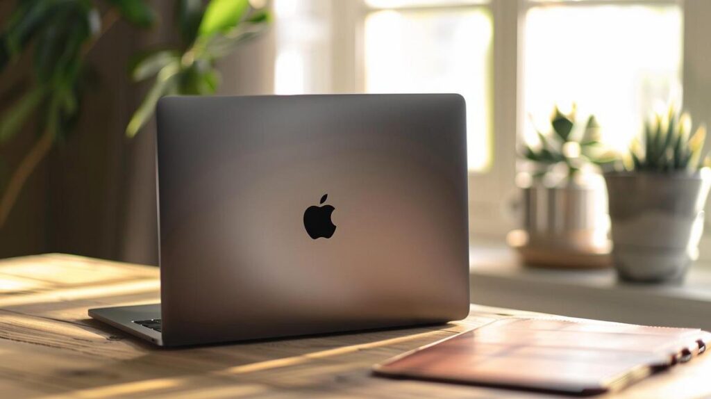 Numero de serie MacBook Pro: Onde está localizado? 2 Foto hiper-realista do número de série na traseira de um MacBook Pro em mesa elegante.