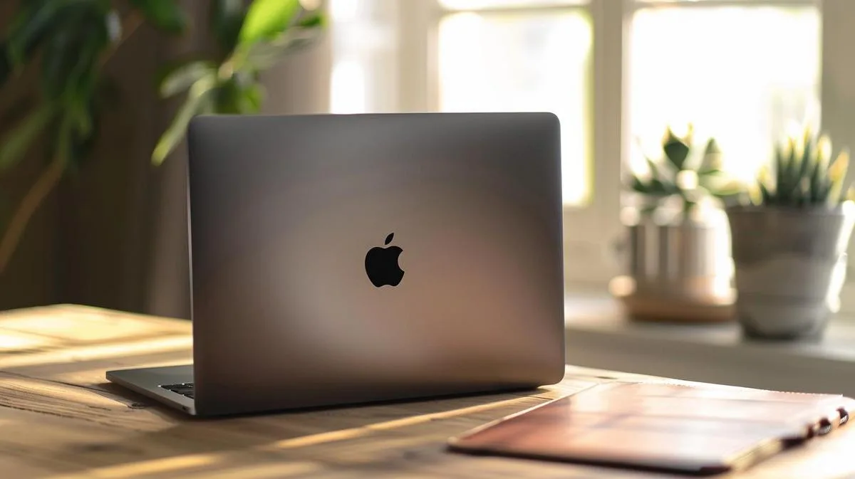 Foto hiper-realista do número de série na traseira de um MacBook Pro em mesa elegante.