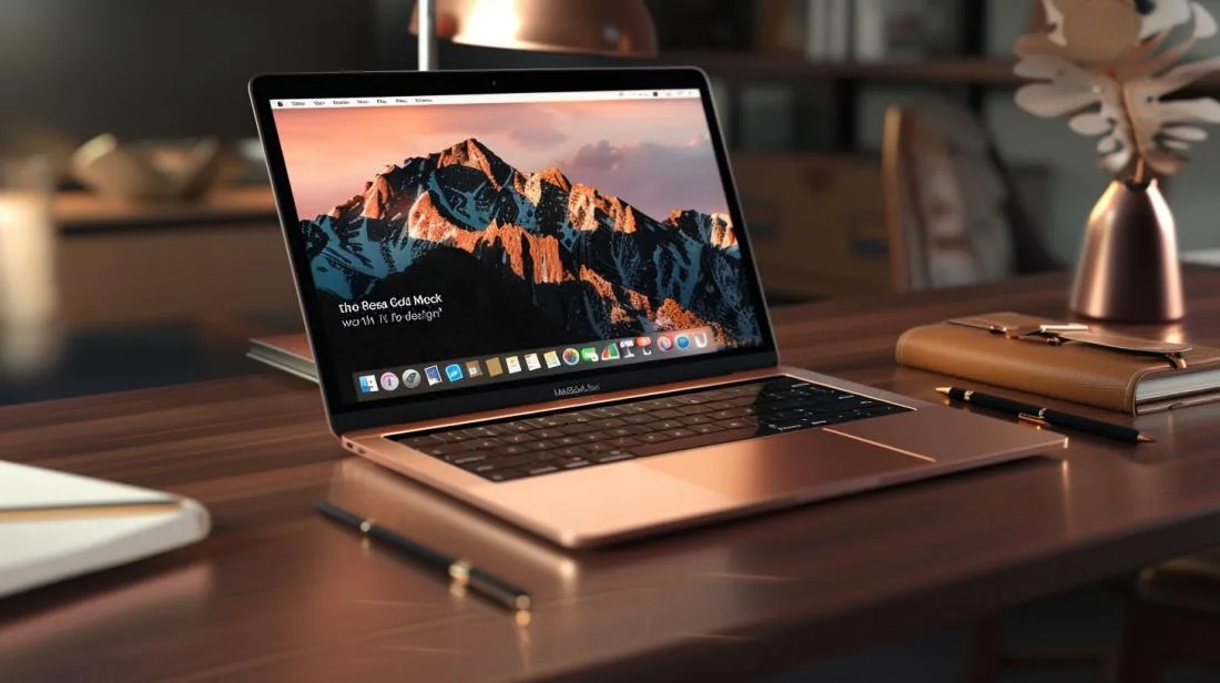 Foto hiper-realista de um elegante workspace com MacBook Rose Gold, acessórios sofisticados e iluminação luxuosa.