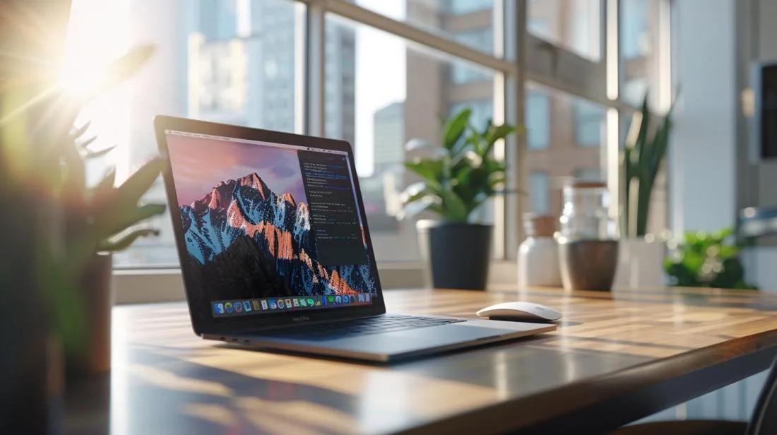 MacBook Pro em escritorio minimalista com aplicativos Microsoft Office abertos, luz natural ao fundo.