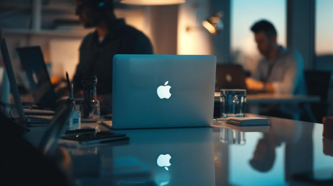 Entusiastas da Apple personalizam logo em MacBook elegante em ambiente de trabalho moderno.
