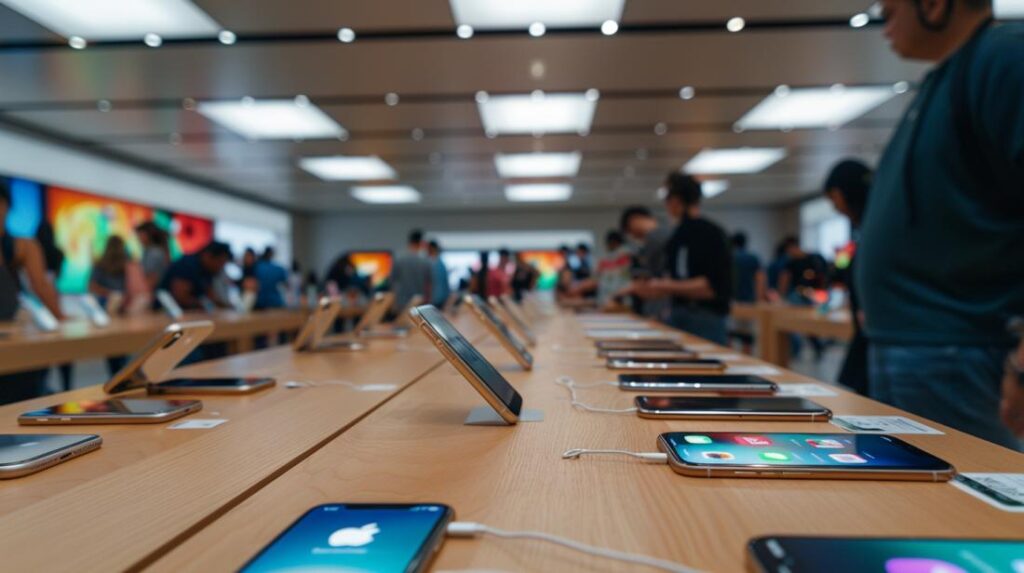 Onde comprar iPhone barato em Portugal? 2 Fotografia hiper-realista de um mercado movimentado em Lisboa, focado em iPhones com descontos.