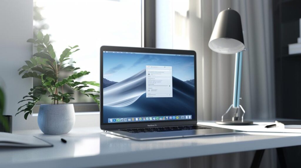 Foto hiper-realista de MacBook Air exibindo processo de instalação do OneDrive em escritório minimalista.