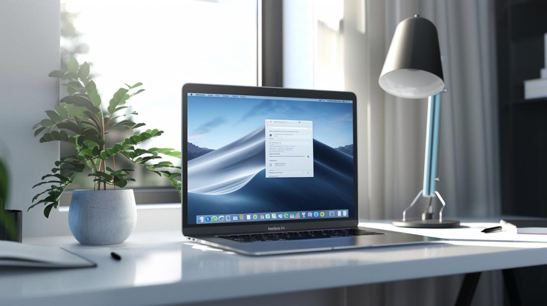 Foto hiper-realista de MacBook Air exibindo processo de instalação do OneDrive em escritório minimalista.
