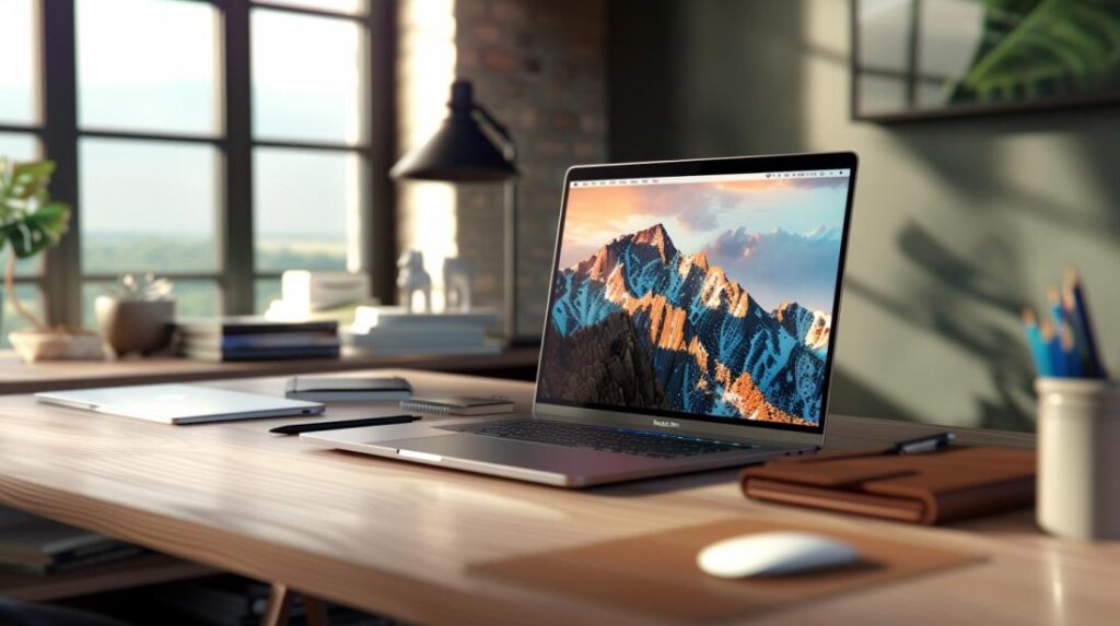O que é um MacBook? Conheça suas funções e utilidades 2 Fotografia hiper-realista de um MacBook Pro elegante com acessórios em uma estação de trabalho moderna.