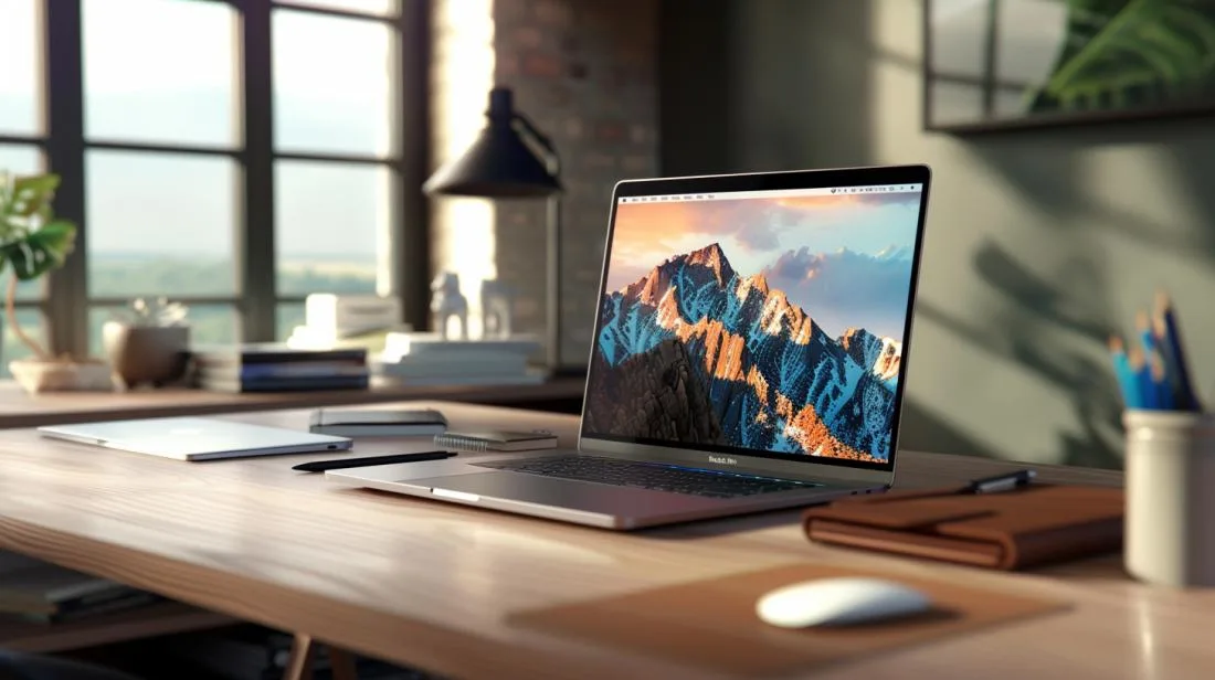Fotografia hiper-realista de um MacBook Pro elegante com acessórios em uma estação de trabalho moderna.