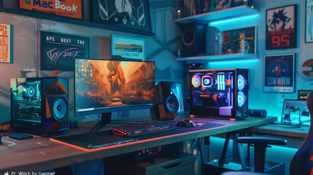Foto hiper-realista de setup gamer com PC de alto desempenho e MacBook Pro, luzes RGB modernas.