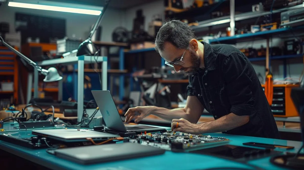 Técnico reparando MacBook Pro em oficina moderna e tecnológica, com ferramentas avançadas e iluminação ambiente.