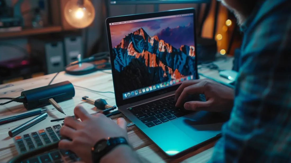 Imagem com pessoa resolvendo problema de tela em MacBook Pro em ambiente minimalista.
