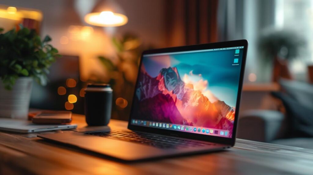 Quais são as specs do MacBook Pro 13 2018? 2 Foto hiper-realista do MacBook Pro 13" 2018 em espaço de trabalho minimalista.