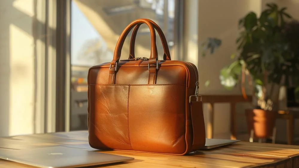Qual bolsa para MacBook Air scegliere? 19 Fotografia hiper-realista de uma bolsa de couro premium para MacBook Air em espaço de lavoro moderno.