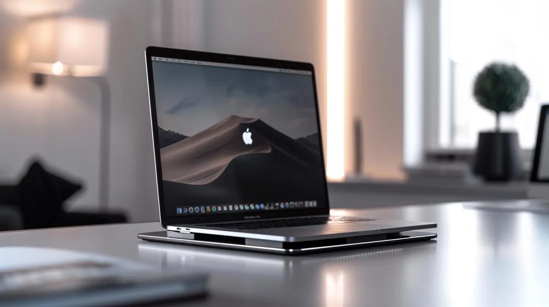 Foto hiper-realista de um MacBook Pro em base de resfriamento sofisticada, em ambiente tech minimalista.